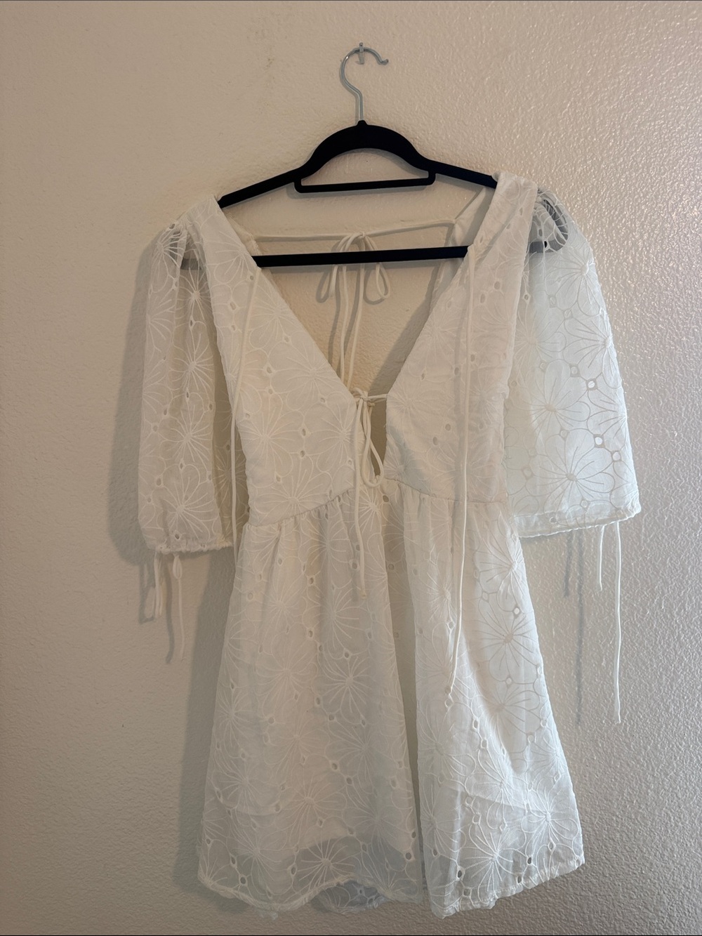 White Eyelet Tie-Front Mini Dress with Puff Sleeves